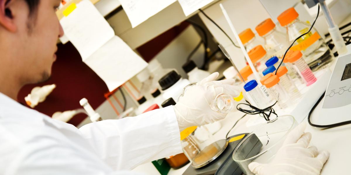 Billedet viser en forsker, arbejder med petriskåle og beholdere i et laboratorium.